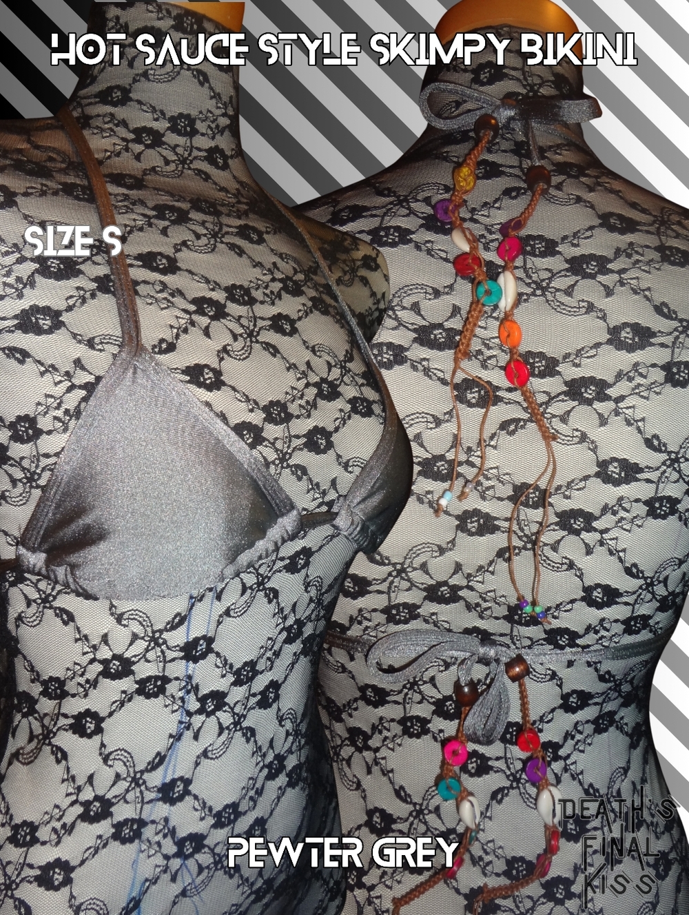 HTF Hot Sauce Style Pewter Grey Triangle Slider Beaded Macrame Skimpy Bikini S